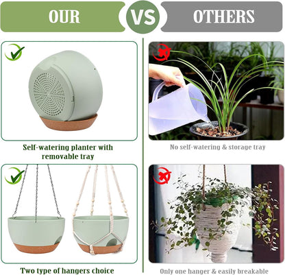 Hanging Planters for Outdoor Indoor Plants, 2 Pack 12 Inch Hanging Basket Plants Outdoor, Self Watering Hanging Planter with Plant Hanger for Garden Home Decoration (Green)