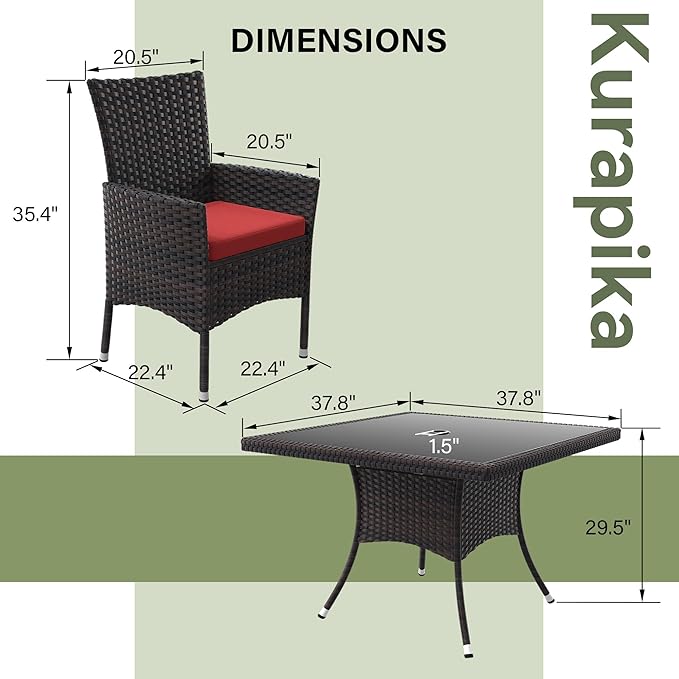 Kurapika 5-Piece Patio Furniture Outdoor Dining Set, Wicker Rattan Patio Dining Table and Chairs Set, Square Tempered Glass Tabletop with Umbrella Hole and 4 Chair Set, Red