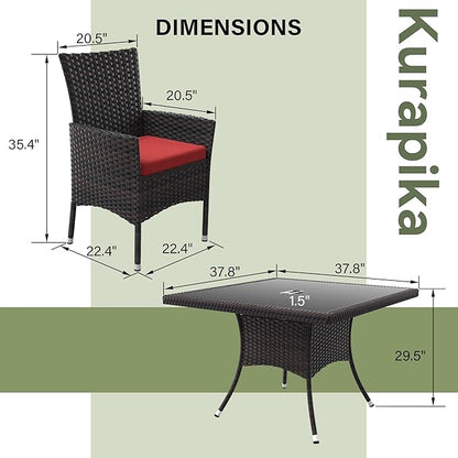 Kurapika 15-Piece Patio Furniture Outdoor Dining Set, Wicker Rattan Table and Chairs, Square Tempered Glass Tabletop With Umbrella Hole, 12 Chairs, Red