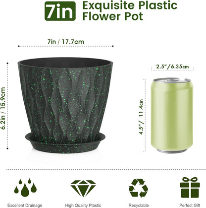 7 inch Plant Pots for Indoor Outdoor Plants, 5 Pack Thick Flower Pots with Drainage Holes and Saucers, 3D Modern Wave Texture Plastic Planter Nursery Pots, Black with Green Speckles