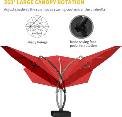 Kingdura 12ft Cantilever Patio Umbrella with Base Included, Large Round Offset Outdoor Pool Umbrella, 360° Rotation & Infinite Tilt, Heavy Duty Aluminum Frame for Deck Backyard, Red