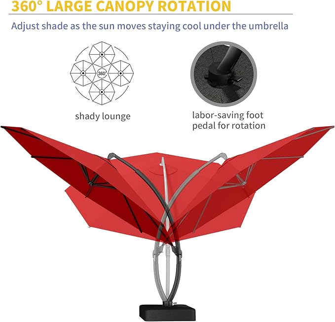 Kingdura 11ft Cantilever Patio Umbrella with Base Included, Large Round Offset Outdoor Pool Umbrella, 360° Rotation & Infinite Tilt, Heavy Duty Aluminum Frame for Deck Backyard, Red