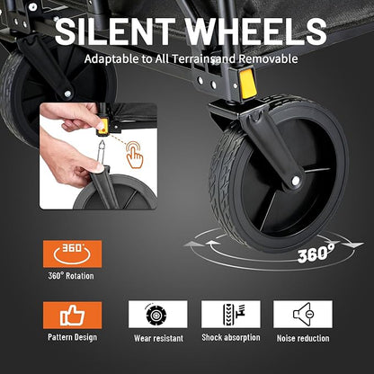 EchoSmile Collapsible Foldable Wagon Cart with 350lbs Weight Capacity, Heavy Duty Folding Utility Sport Wagon with Removeble Wheels for Camping,Grocery,Garden,Beach,Black