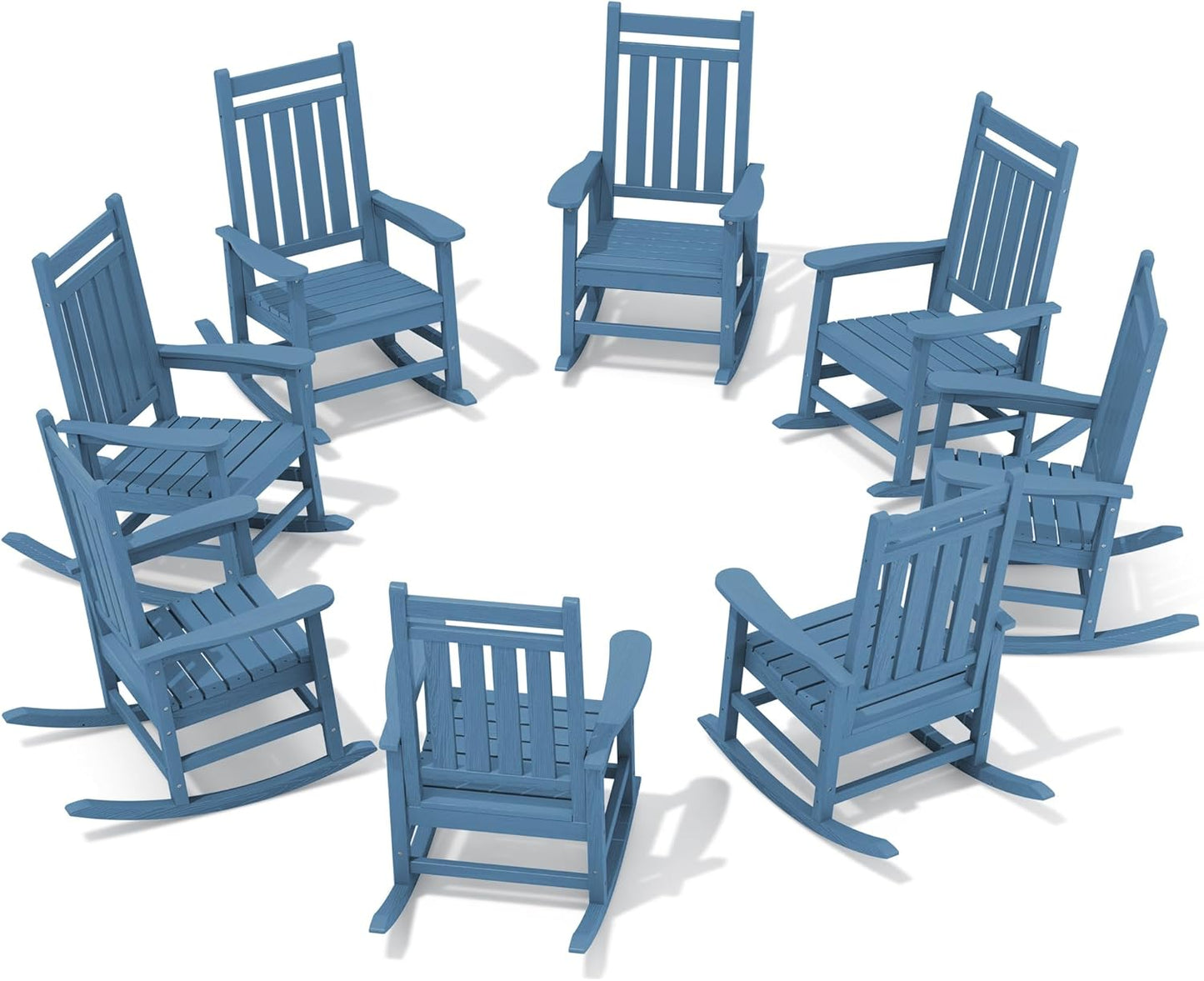 SERWALL HDPE Outdoor Rocking Chair Set of 8, Patio Rocking Chairs for Adults, All Weather Outdoor Rockers for Lawn, Blue