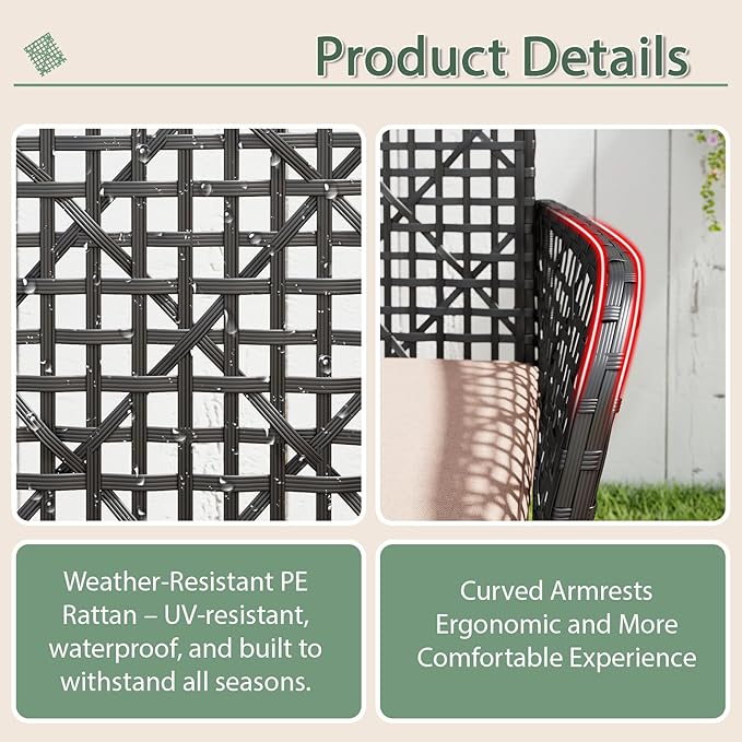 4-Piece Patio Furniture Set, Weather-Resistant Rattan Patio Conversation Set with Two-Tier Coffee Table, Upholstered Openwork Wicker Furniture for Porch, Garden, Lawn, Khaki