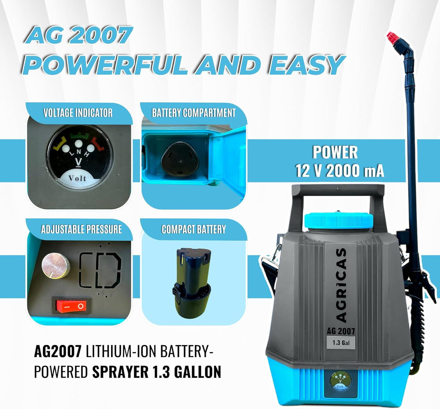 Battery Powered Sprayer 1.3 Gallon, Electric Lawn and Garden Sprayer for Weed/Pest Control, Lithium-Ion Battery, Adjustable Nozzle, Shoulder Strap, High-Pressure Hose