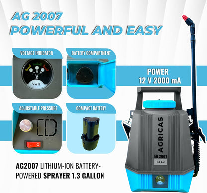 Battery Powered Sprayer 1.3 Gallon, Electric Lawn and Garden Sprayer for Weed/Pest Control, Lithium-Ion Battery, Adjustable Nozzle, Shoulder Strap, High-Pressure Hose