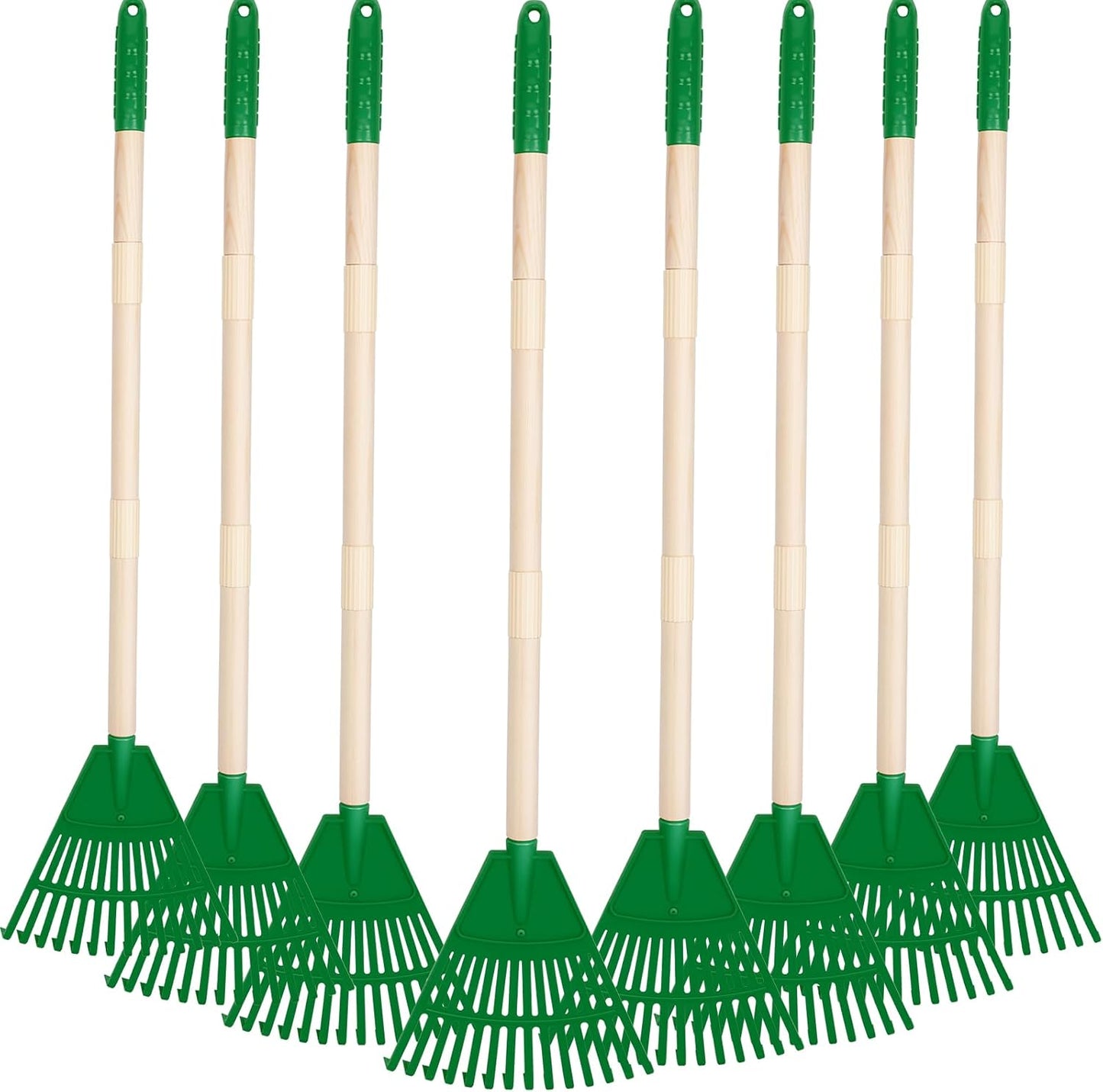 Therwen 8 Pcs Kids Rake 31" Child Size Plastic Lawn Rakes for Leaves Small Rake with Plastic Head and Wooden Handle Toddler Kid Gardening Tools for Leaves Gardening Camping(Green)