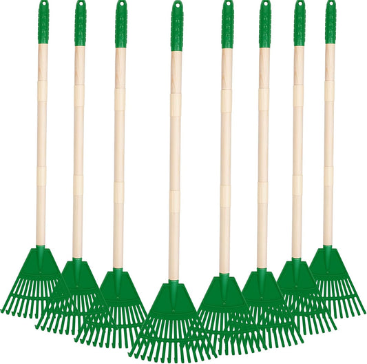 Therwen 8 Pcs Kids Rake 31" Child Size Plastic Lawn Rakes for Leaves Small Rake with Plastic Head and Wooden Handle Toddler Kid Gardening Tools for Leaves Gardening Camping(Green)