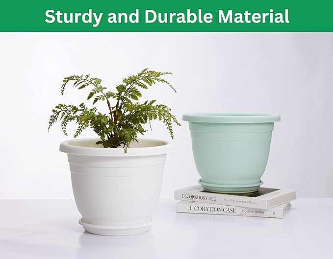 5 Packs 10 inch Plant Pots + Saucer, Planters for Indoor & Outdoor Plants with Drainage Holes | Plastic Flower Pots, Large Planter (Beige, 10 inch)