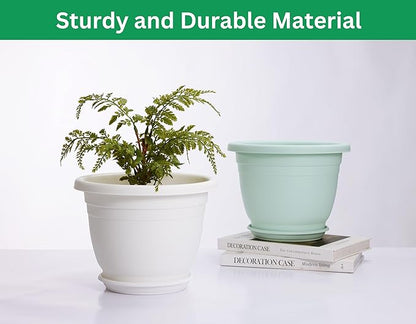 5 Packs 10 inch Plant Pots + Saucer, Planters for Indoor & Outdoor Plants with Drainage Holes | Plastic Flower Pots, Large Planter (Beige, 10 inch)