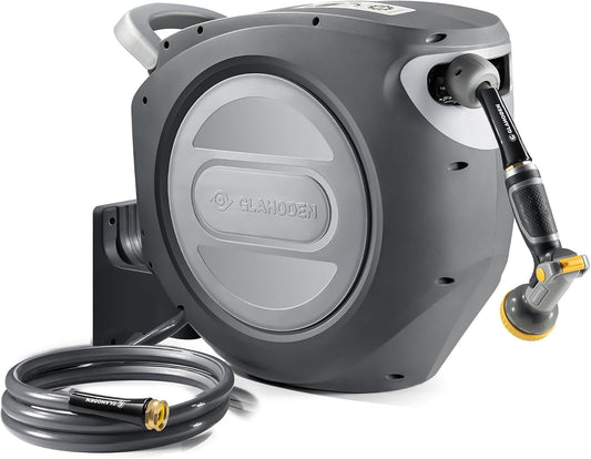 Retractable Garden Hose Reel 1/2 in x 100 ft Upgraded UV Resistant Heavy Duty Automatic Hose Reel Wall Mount 3/4 in Brass Fitting 9 Pattern Nozzle Any Length Lock Slow Retraction 180° Swivel
