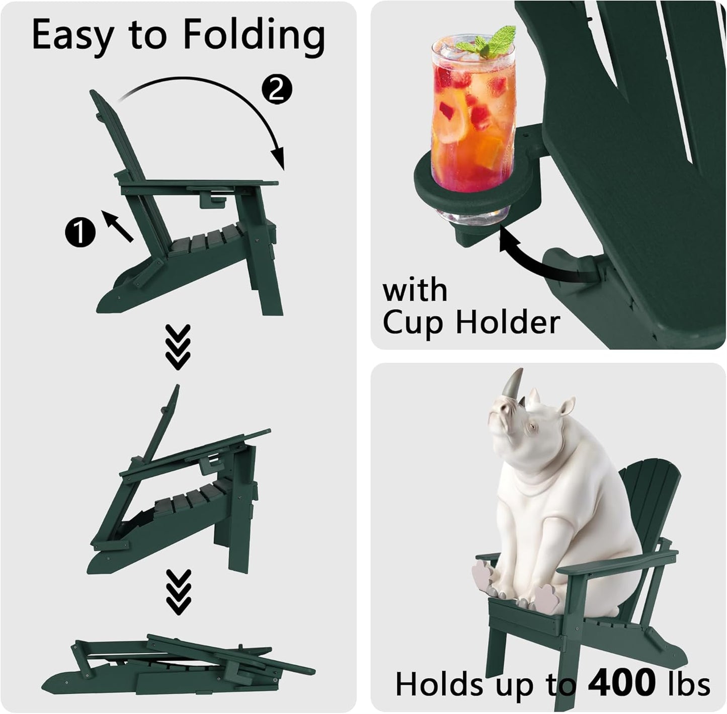 Folding Adirondack Chair - Extended Ergonomic Backrest, Cup Holder - Easy Assembly - Durable HDPE Plastic, Weather Resistant & Maintenance-Free - Lawn, Patio, Deck Supports 400lbs Green