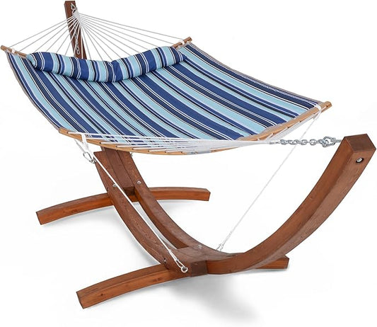 SUNCREAT Hammocks Standing Backyard Hammock with Stand, 2 Person Heavy Duty Hammock with 13.5 ft Wooden Stand, Blue Stripe