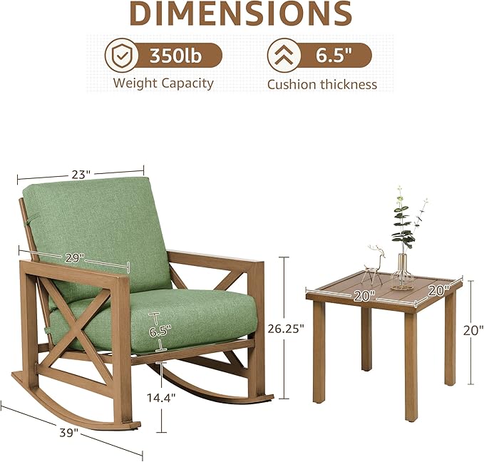 NATURAL EXPRESSIONS Rocking Bistro Set, 3 Piece Outdoor Patio Conversation Furniture Set with 2 Rockers and 1 Metal Coffee Table with Thick Cushions for Backyard,Porch,Poolside,300lbs