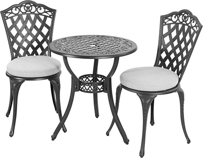 NUU GARDEN 3-Piece Patio Bistro Set, Outdoor Cast Aluminum Bistro Table and 2 Chairs with Gray Cushions and Umbrella Hole, Weather-Resistant Outdoor Furniture Set for Balcony, Lawn, Garden, Black