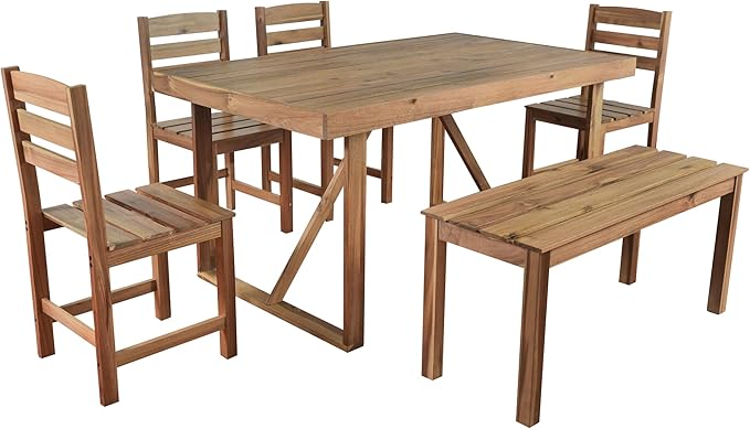 Outdoor, Residential Dining Table, 4-Chair ，Bench Set, 6PC,Wooden Frame,Patio, Balcony, Backyard,Gardens, Poolside