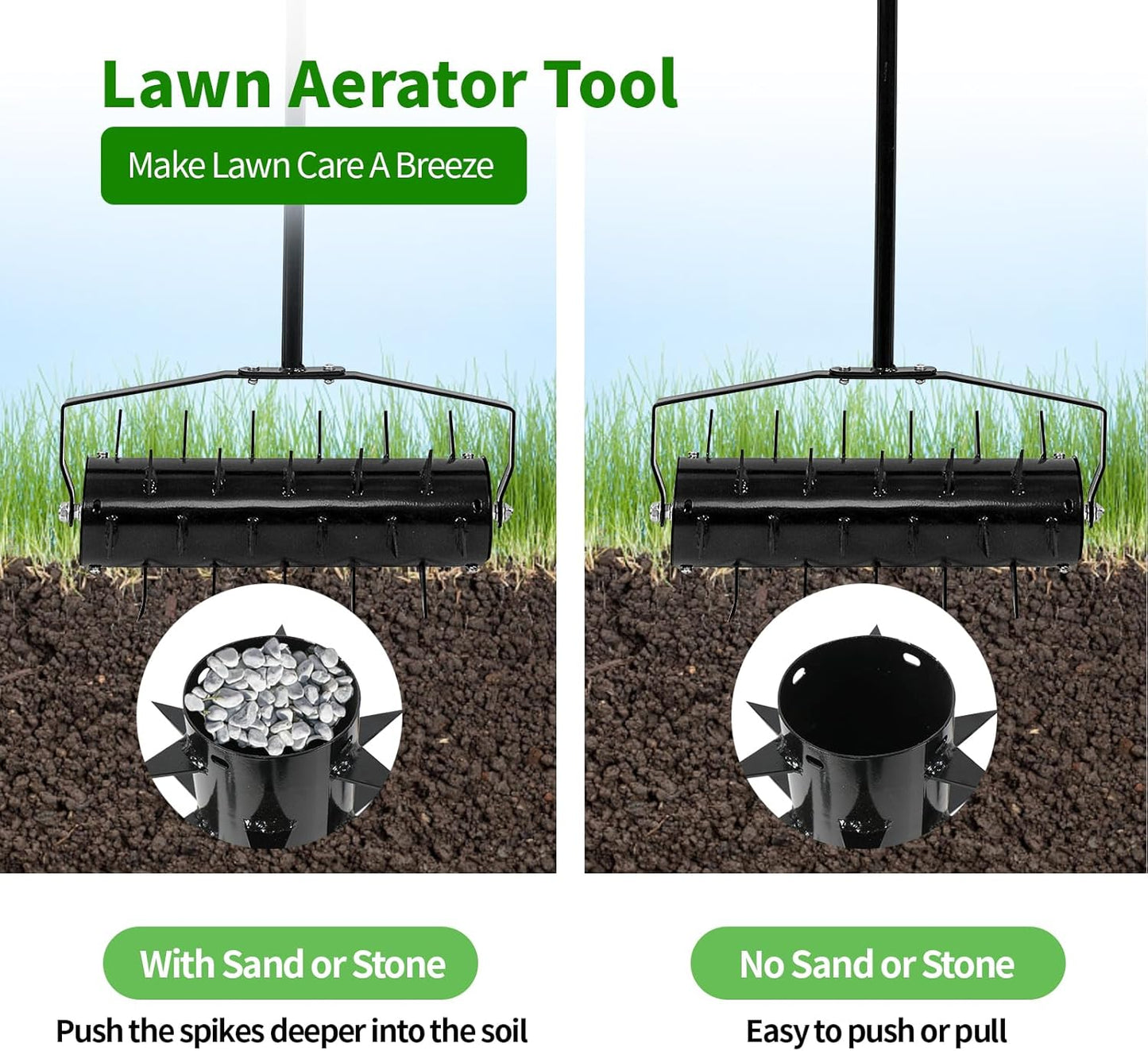 Rolling Lawn Aerator, 18 Inch Manual Aerator Lawn Tool Aerator Lawn Soil Penetrator with 50 Inch Handle, Lawn Aerator Roller for Garden Yard