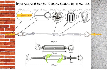 1/8" Stainless Steel Cable,1/8" Wire Rope,M5 Turnbuckle Kit,165FT Wire Tensioner for String Light Hanging Kit,Aircraft Cable,Guy Wire,Stainless Steel Wire Rope Kit