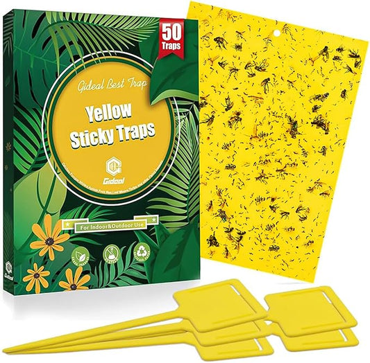 Gideal 50-Pack Dual-Sided Yellow Sticky Traps for Flying Plant Insect Fungus Gnats Whiteflies Aphids Leafminers Thrips (6x8 Inches, Included 50pcs Twist Ties)