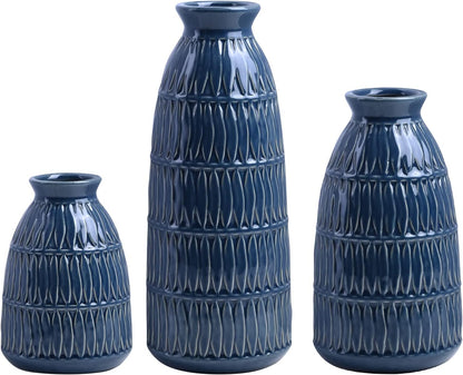 Yundu Navy Blue Ceramic Flower Vases for Home Decor Set of 3, Living Room Décor, Modern Farmhouse and Neutral Home Décor, Pmpas Grass Vase, Shelf, Mantle, Centerpieces Minimalist Décor