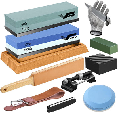 Knife Sharpening Stone Kit - Whetstone Dual Grit 400/1000 3000/8000 Premium Sharpener Set with Leather Strop, Flattening Stone, Honing Guide, Bamboo Base, Angle Guide, Cut Resistant Gloves