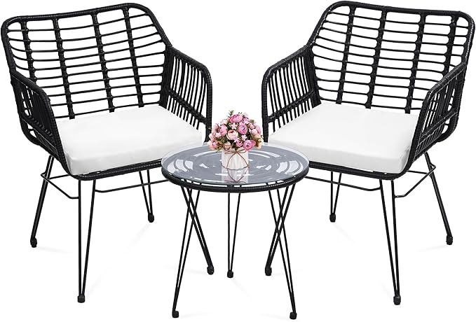 3 Piece Wicker Patio Bistro Furniture Set, Includes 2 Rattan Chairs and Glass Top Table, Ideal for Porch, Outdoor, Backyard, Apartment, Balcony, Black