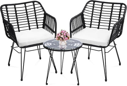 3 Piece Wicker Patio Bistro Furniture Set, Includes 2 Rattan Chairs and Glass Top Table, Ideal for Porch, Outdoor, Backyard, Apartment, Balcony, Black
