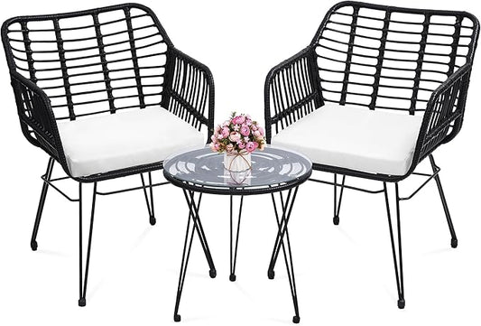 3 Piece Wicker Patio Bistro Furniture Set, Includes 2 Rattan Chairs and Glass Top Table, Ideal for Porch, Outdoor, Backyard, Apartment, Balcony, Black