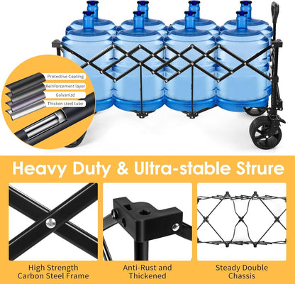 49''L Collapsible Foldable Extended Wagon with 450lbs Weight Capacity, Heavy Duty 300L Folding Utility Garden Cart with Big All-Terrain Beach Wheels & Drink Holders. Black