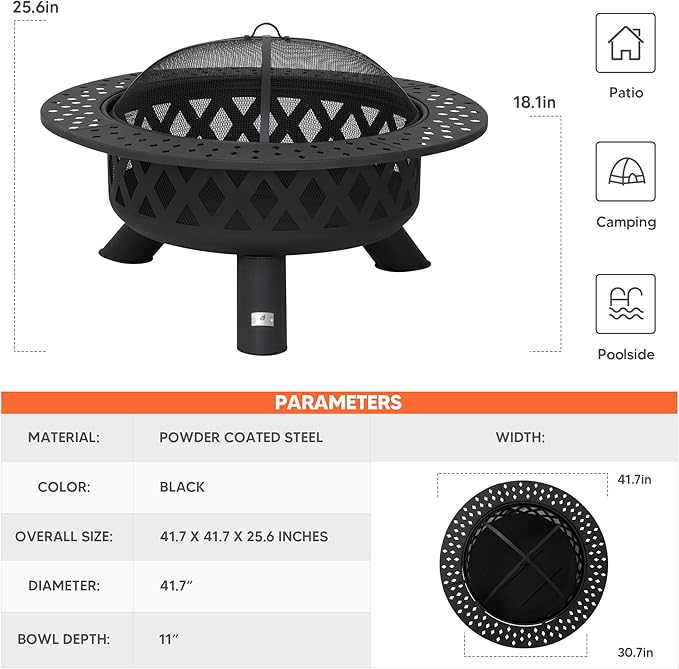 SUNCREAT 42" Large Outside Fire Pit, Round Fire Pit Wood Burning with Widened Tabletop, Spark Screen, Fire Poker, Phombus Pattern