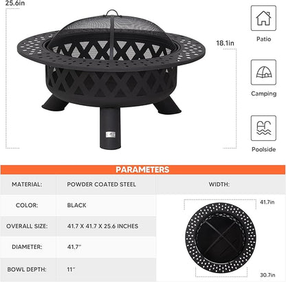 SUNCREAT 42" Large Outside Fire Pit, Round Fire Pit Wood Burning with Widened Tabletop, Spark Screen, Fire Poker, Phombus Pattern