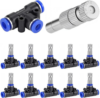 Mornajina 20 Pcs Brass Misting Nozzles Mister Replacement Nozzles with Filter Mesh & 1/4" Water Misting Nozzle Tees Kit, 0.012"/0.3mm Orifice Misting System Heads Sprayer for Outdoor Cooling System,