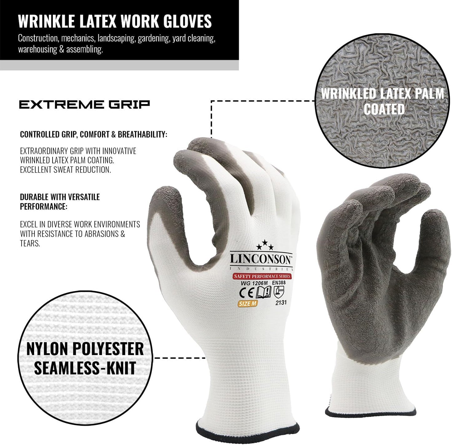 linconson 12 Pack Safety Performance Series Construction Mechanics Wrinkle Latex Work Gloves