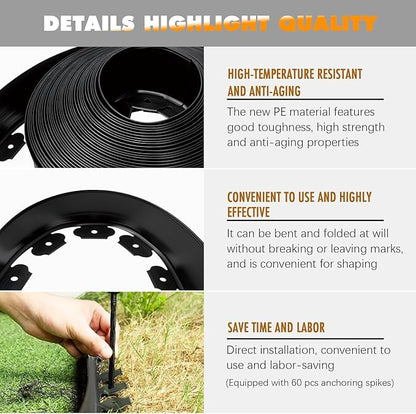 Landscape Edging 2 Inch Tall 100 FT, Garden Edging Border with 5 Pcs Connectors and 60 Pcs Anchoring Spikes for Garden Flower Beds Yard Lawn