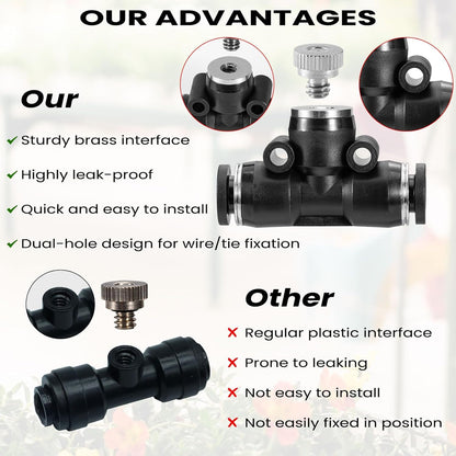 48 Pcs Brass Misting Nozzles Kit,0.012 Orifice (0.3 mm) 10/24 UNC Mister Nozzles 1/4 Inch Sliding Lock Tees for Outdoor Cooling System 20 Misting Tees,20 Spray Nozzles,4 Brass Plugs,4 Black Plugs