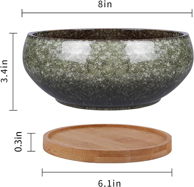 8 Inch Ceramic Bonsai Planter Pot, Glazed Shallow Succulent Planter with Drainage Hole and Bamboo Saucer for Indoor Plants, Brown