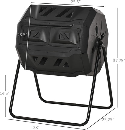 Compost Bin Outdoor, 43 Gallon Dual Chamber Tumbling Composting with Sliding Doors, Large Compost Tumbler, Compost Bin for Garden, Kitchen, and Yard Waste, Black
