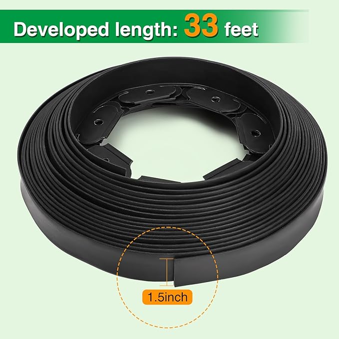 Bonviee 1.5 Inch x 33FT Landscape Edging Border with 50 Anchoring Spikes, No Dig Garden Border Edging Kit, Flexible Garden Edging for Landscaping, Flower Beds, Lawn, Yard, and Paver Pathways