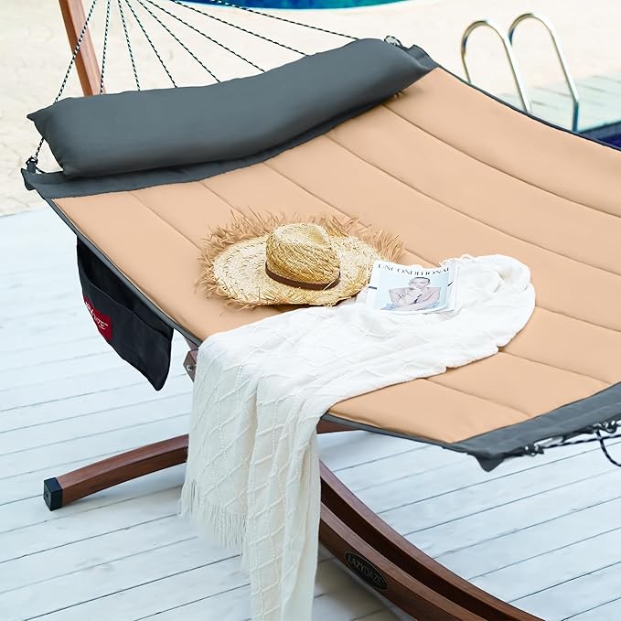 Lazy Daze Hammocks 12 FT Quilted Fabric Hammock with Curved Aluminium Spreaders Bar, Outside Double Thickened Hammock with Soft Pillow, Side Pocket 450 Lbs Capacity for Patio, Poolside, Khaki