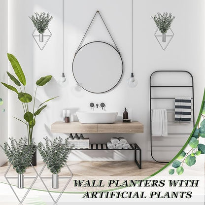Jexine Hanging Planters with Artificial Eucalyptus Metal Hanging Vase Indoor Plants Holder Modern Geometric Boho Bathroom Wall Decor for Living Room Home Office(Chrome Sliver,4 Pcs)