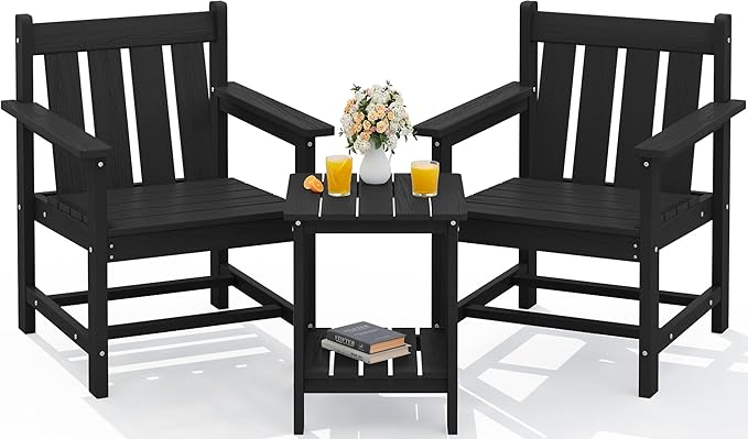 SERWALL 3 Pieces Patio Bistro Set, All Weather Adirondack Chair Set with Side Table, HDPE Material Outdoor Patio Furniture Set for Balcony, Porch, Garden, Backyard- Black