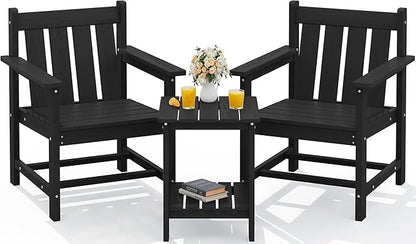 SERWALL 3 Pieces Patio Bistro Set, All Weather Adirondack Chair Set with Side Table, HDPE Material Outdoor Patio Furniture Set for Balcony, Porch, Garden, Backyard- Black