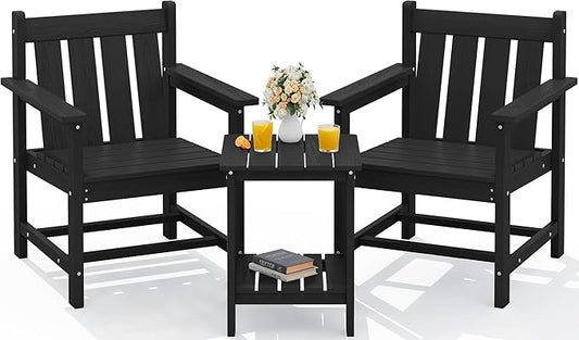 SERWALL 3 Pieces Patio Bistro Set, All Weather Adirondack Chair Set with Side Table, HDPE Material Outdoor Patio Furniture Set for Balcony, Porch, Garden, Backyard- Black