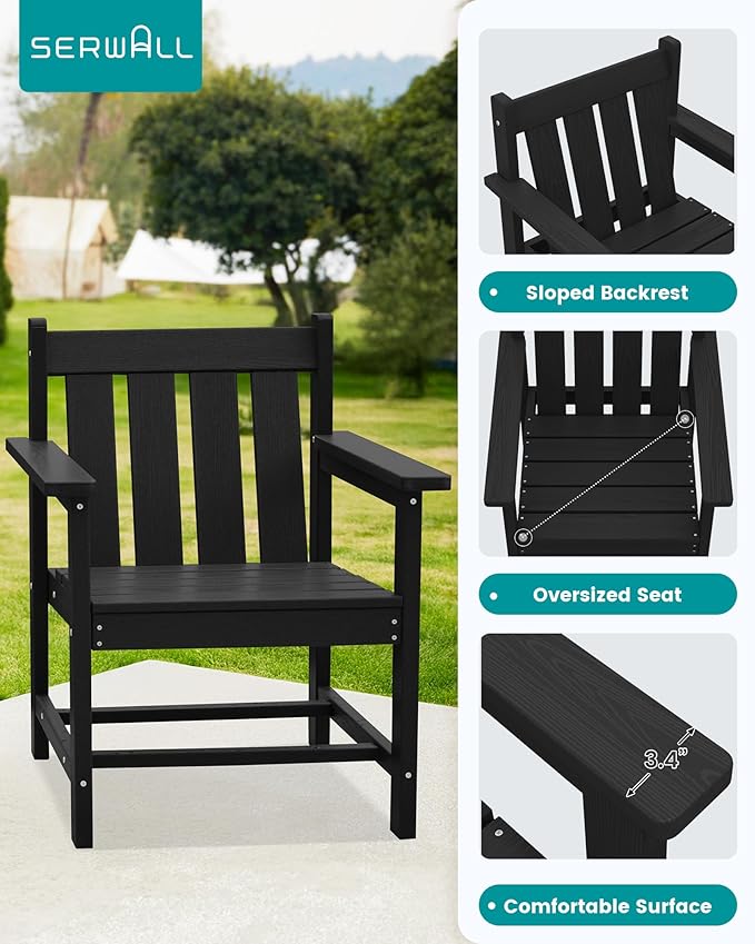 SEWRWALL Patio Furniture Set, HDPE Material All Weather Use Adirondack Chair Set with Side Table for Balcony, Porch, Garden, Backyard (Black)
