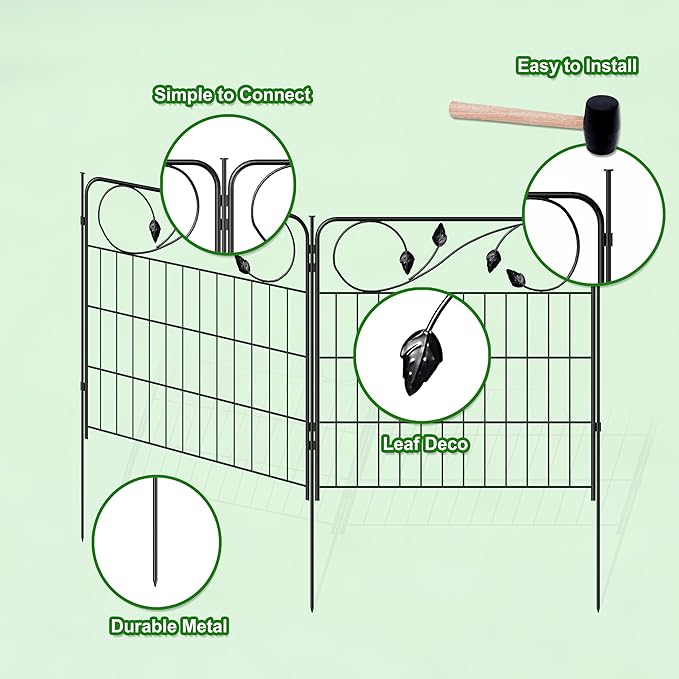 Decorative Metal Garden Fence 24in(H) X10ft(L) 5 Panels Leaf Black Rustproof Wire Border Fence for Landscape Patio Flower Bed Garden Fencing Panel Animal Barrier for Dogs