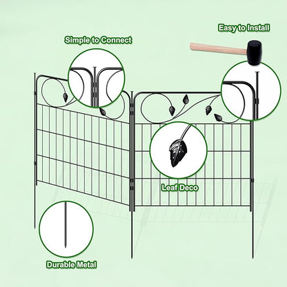 Decorative Metal Garden Fence 24in(H) X10ft(L) 5 Panels Leaf Black Rustproof Wire Border Fence for Landscape Patio Flower Bed Garden Fencing Panel Animal Barrier for Dogs