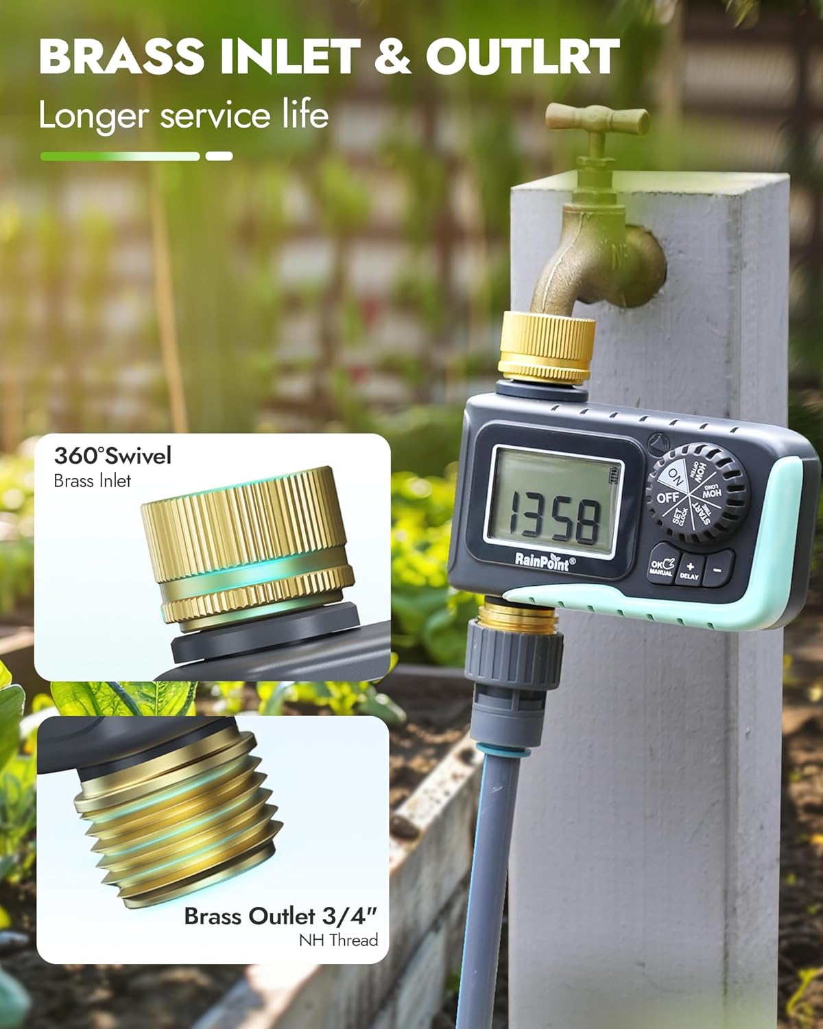 RAINPOINT Sprinkler Timer with Brass Inlet & Outlet, Programmable Hose Timer for Garden Soaker Hose, Watering Timer with Rain Delay/Manual Watering System, Digital Drip Irrigation for Yard, Lawn