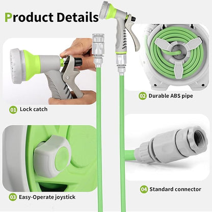 Garden Retractable Hose Reel, Portable Simple Home Hose Reel 45+5 FT with 7 Patterns Spray Nozzle, Wall Mounted and Any Length Lock for Garden Watering, Car Washing, Pet (Green)