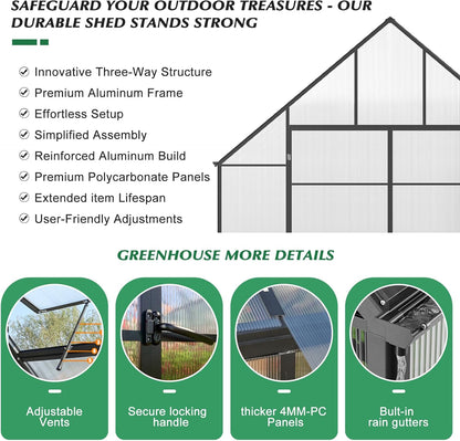 10'x10'x28' Snap-Together Greenhouse - Easy 3-Way Connectors, Heavy-Duty Aluminum Frame, Wind/Snow Resistant for Gardening/Urban Farming, Includes Sliding Door & Ventilation Windows
